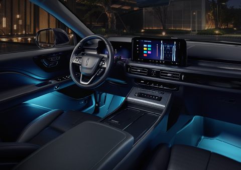 Deep blue ambient lighting glows from various places within a 2025 Lincoln Aviator® SUV. | Pugmire Lincoln of Marietta in Marietta GA