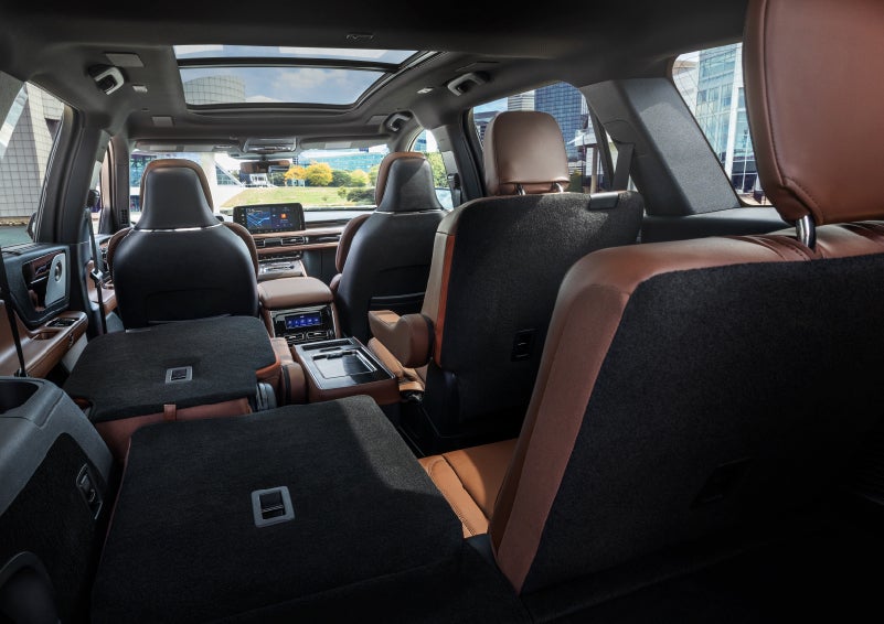 The interior of the 2025 Lincoln Aviator® SUV is shown with two seats folded down for added space. | Pugmire Lincoln of Marietta in Marietta GA